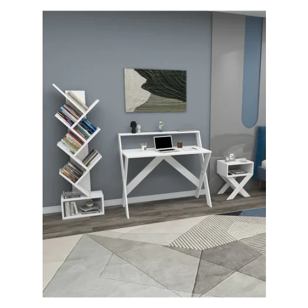 Enda Home X Çalışma Odası Seti Çalışma Masası Kitaplık Komodin Beyaz Çalışma Masası Kitaplık Seti - Görsel 2