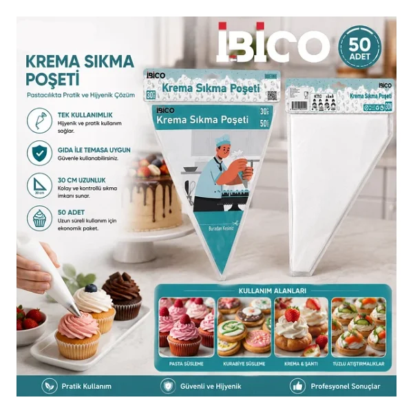 Naylon 30cm 50pcs Krema Sıkma Poşeti Torbası - Görsel 3
