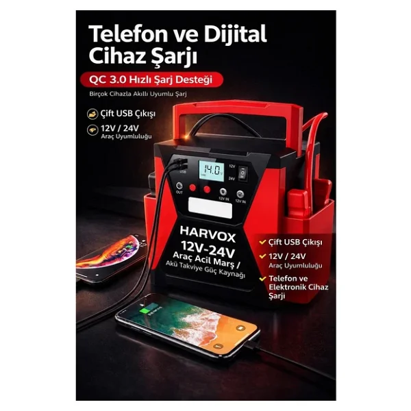Bagajon Harvox Tır, Kamyon, Minibüs, Otobüs,Araçlar İçin Akü Takviye Cihazı 12/24 Volt Çift Voltajlı 50.000 Mah Powerbank - Görsel 5