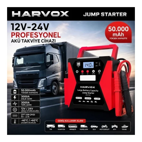 Bagajon Harvox Tır, Kamyon, Minibüs, Otobüs,Araçlar İçin Akü Takviye Cihazı 12/24 Volt Çift Voltajlı 50.000 Mah Powerbank - Görsel 2