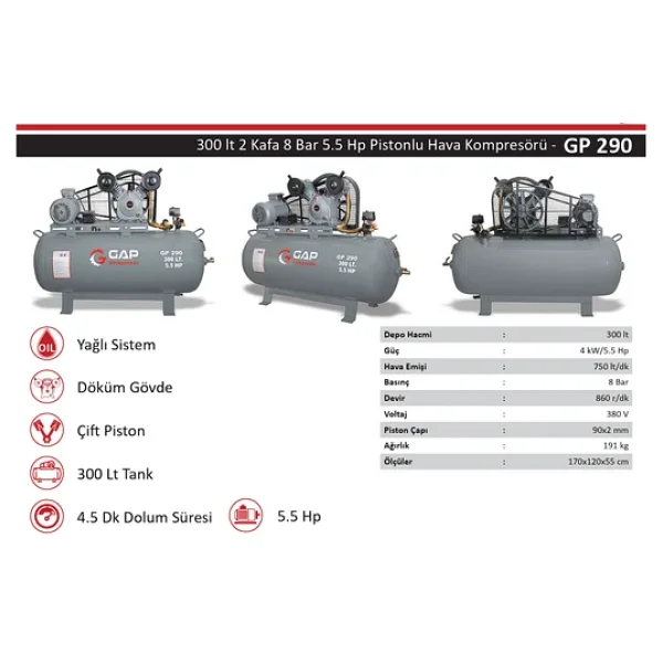 Gap GP290 5.5 HP 8 Bar 300 lt 2 Kafa Pistonlu Kompresör - Görsel 6