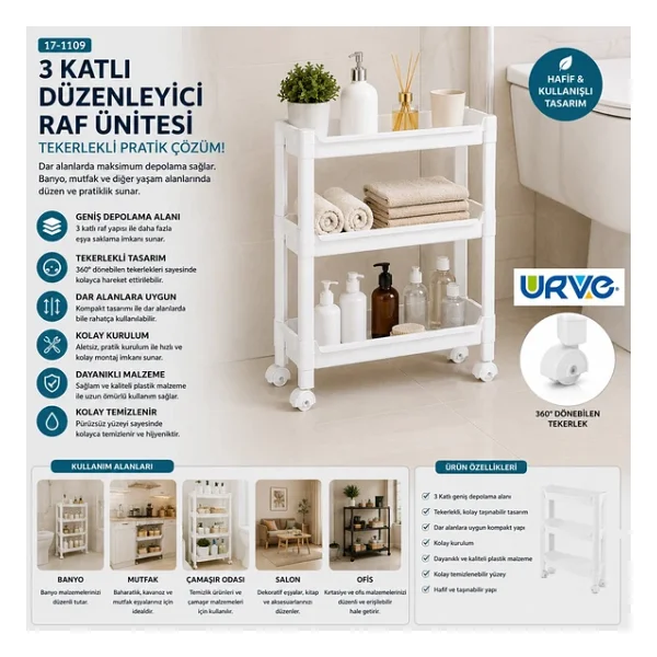 Rafty 3 Katlı Tekerlekli Sepet Organizer Düzenleyici Raf Ünitesi 465X145X480MM - Görsel 5