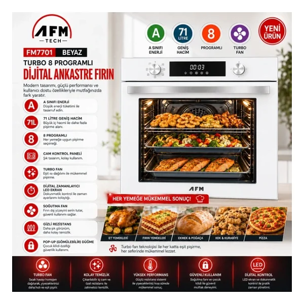 Profilo & Afm Marka Pa-03 Dijital Turbo 3'lü Cam Beyaz Ankastre Set ( FIRIN+OE37P2P10D Ocak+Davlumbaz) - Görsel 3