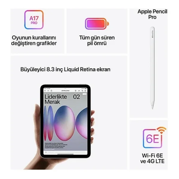 iPad Mini 7. Nesil Wi-Fi + Cellular 512 GB 8.3" MYHD3TU/A Mavi Tablet - Görsel 7