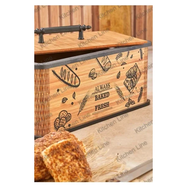 Kitchen Line Kapaklı Ahşap Ekmeklik - Dekoratif Desenli Ekmek Saklama Kutusu - Lüx Büyük Ekmek Dolabı - Görsel 3
