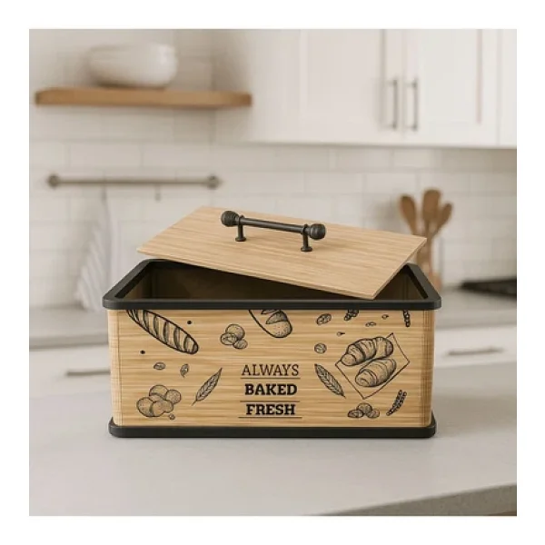 Kitchen Line Kapaklı Ahşap Ekmeklik - Dekoratif Desenli Ekmek Saklama Kutusu - Lüx Büyük Ekmek Dolabı - Görsel 6