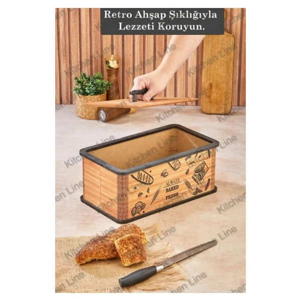 Kitchen Line Kapaklı Ahşap Ekmeklik - Dekoratif Desenli Ekmek Saklama Kutusu - Lüx Büyük Ekmek Dolabı - Görsel 2