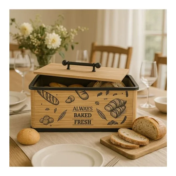 Kitchen Line Kapaklı Ahşap Ekmeklik - Dekoratif Desenli Ekmek Saklama Kutusu - Lüx Büyük Ekmek Dolabı - Görsel 4