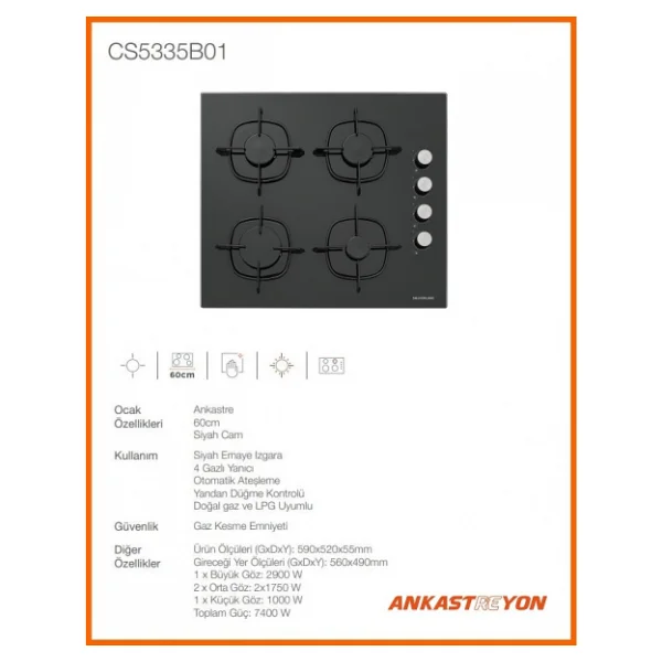 Silverline CS5335B01 Siyah Cam Ankastre Ocak - Görsel 3