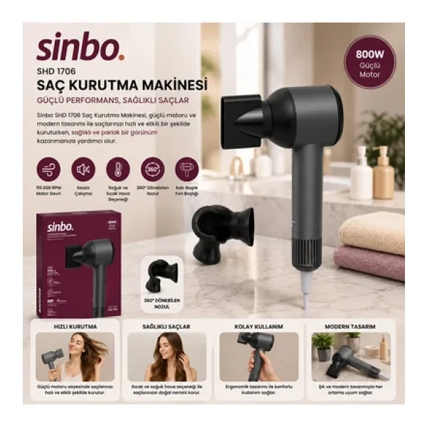 Sinbo Saç Kurutma Makinesi - Gri Renk - Sessiz Çalışma Özelliği - Görsel 3