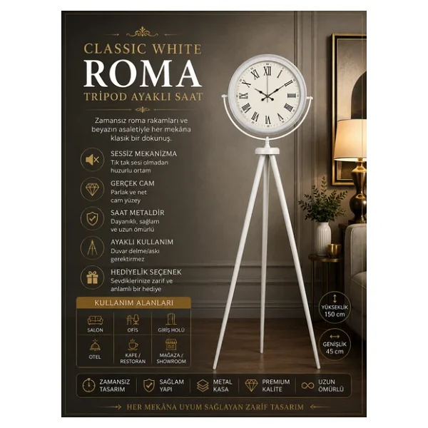 Platin Classic White Roma Tripod Ayaklı Saat - Görsel 2