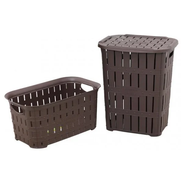 Sağlam Plastik Bambu Görünümlü Kirli Çamaşır Sepeti- Çamaşır sepeti 2'li Set Kahverengi - Görsel 7