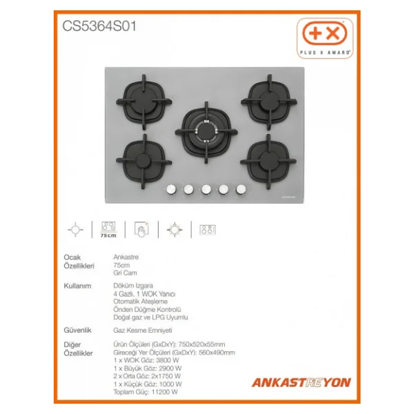 Silverline CS5364S01 75 cm Wok Gözlü Gri Cam Ankastre Ocak - Görsel 3