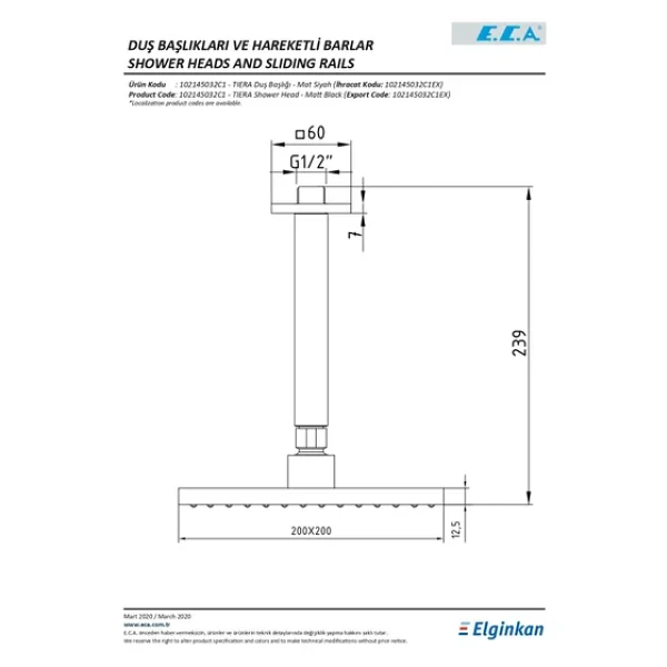 E.C.A. 102145032C1 Tiera Tavandan Tepe Ankastre Mat Siyah Duş Başlığı - Görsel 7
