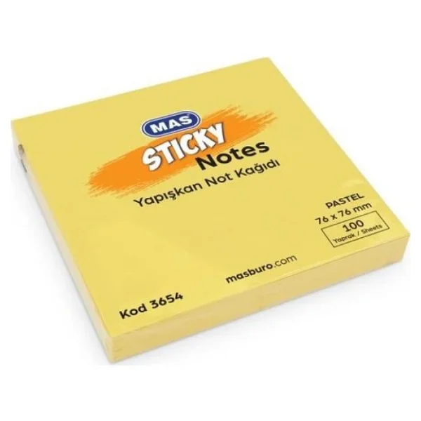 Mas Yapışkanlı Not Kağıdı 100 Sayfa 76x76mm Pastel Sarı 3654 (12 Koçan) - Görsel 3