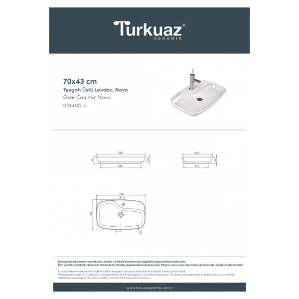 Turkuaz Seramik Nova 70 cm Tezgah Üstü Lavabo - Görsel 7