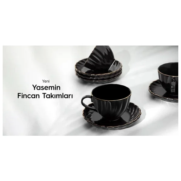 Nehir porselen yaldızlı çay fincanı seti takımı 6 kişilik siyah - Görsel 5