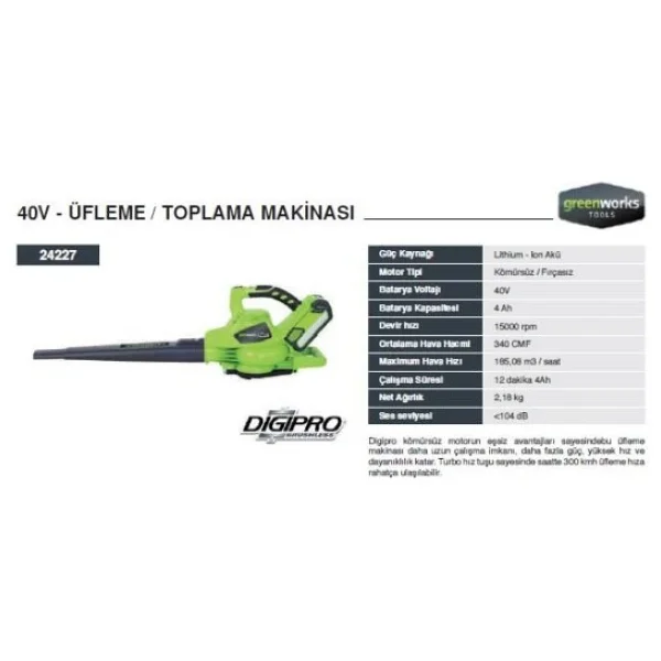 Greenworks 24227 Tek Akülü 4 Ah Yaprak Toplama-Üfleme Makinesi Tek Akü 4 Ah - Görsel 3