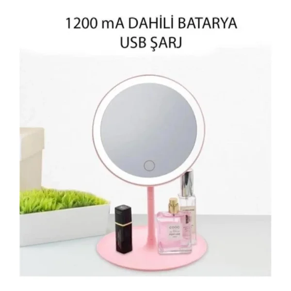 Dokunmatik Led Işıklı Usb Şarjlı Yuvarlak Makyaj Aynası Pembe SM8036 - Görsel 6