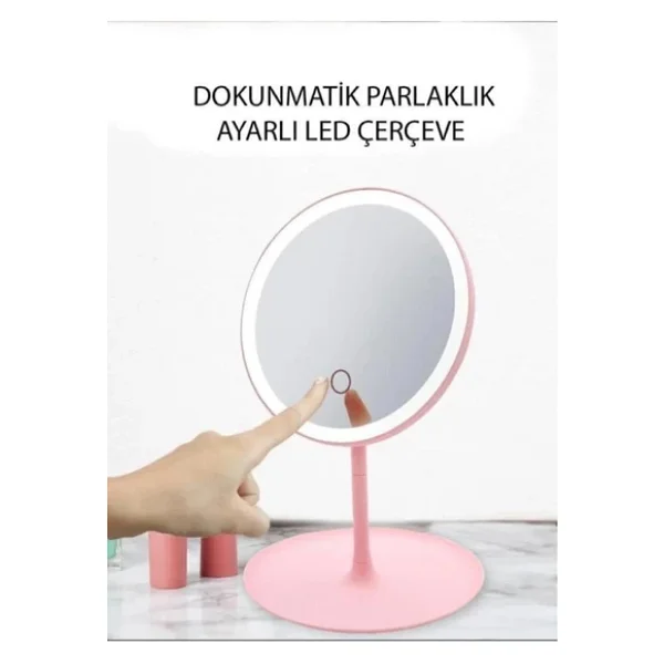 Dokunmatik Led Işıklı Usb Şarjlı Yuvarlak Makyaj Aynası Pembe SM8036 - Görsel 7