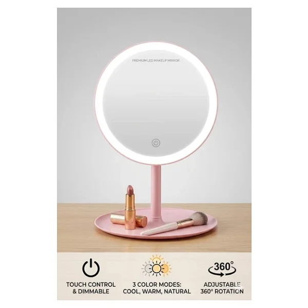 Dokunmatik Led Işıklı Usb Şarjlı Yuvarlak Makyaj Aynası Pembe SM8036 - Görsel 4