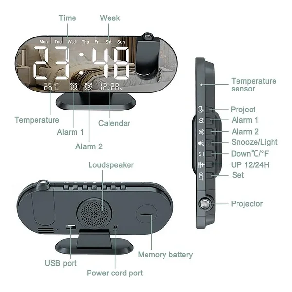 Valkyrie Projeksiyon Çift Alarm Dereceli Led Masa Saati - Görsel 7