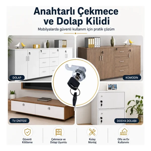 Ugr Mandalli Cekmece Kilidi 2 Anahtarli Metal Mobilya Dolap Kilidi - Görsel 4