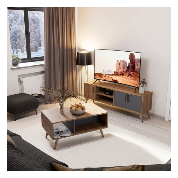 Mezza Set 1580-2070 Exxen 150 Cm (Ahşap Ayaklı) Tv Ünitesi Orta Sehpa Seti Hat Antrasit - Görsel 2