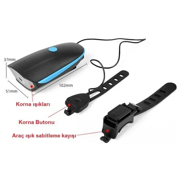 Xml-T6 Led 1200 Mah Su Geçirmez Far Kornalı Bisiklet Feneri - Görsel 3