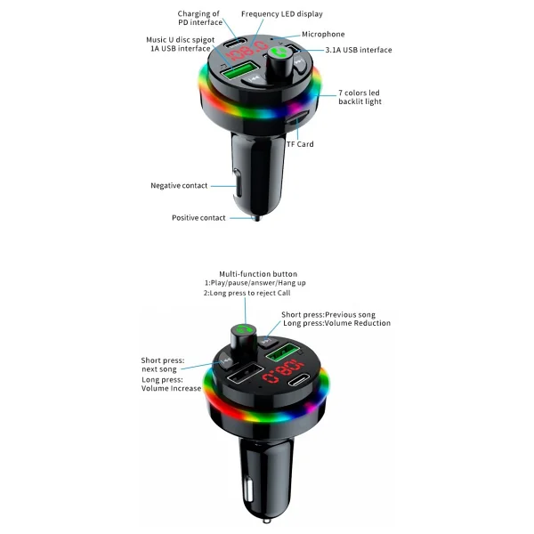 Sprange Stf1 Rgb Isikli Pd 25W + Qc 3.1A Sarj Bluetooth 5.1V Fm Transmitter - Görsel 7