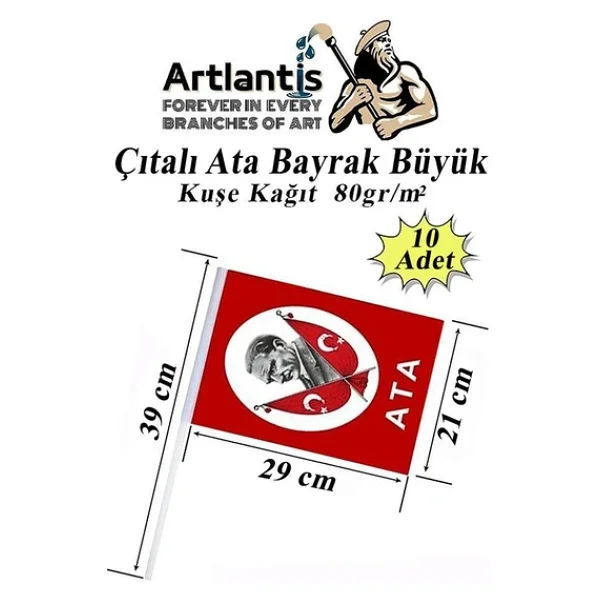 Çıtalı Ata Bayrak Kağıt 21X29 Cm 10 Adet Atalı Bayrak Çıtalı Sopalı Büyük Bayrak Plastik Çubuklu Bayrak - Görsel 2
