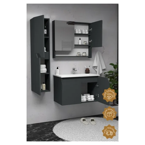 Teta Home Napoli Antrasit Boy Dolaplı 80 cm Banyo Seti - Görsel 2