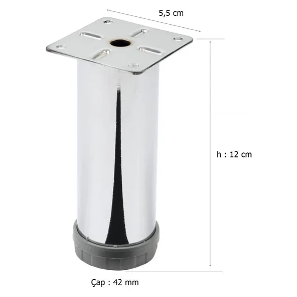 4 Adet Mobilya Ayağı Metal 12 cm Alttan Ayarlı 42 mm Krom Ayak - Görsel 2