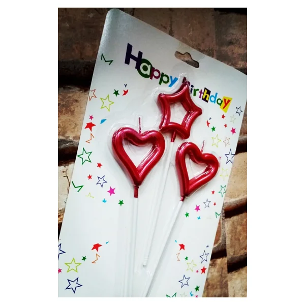 Red Heart Candle 2 Adet Metalik Kırmızı Kalpli Pasta Mumu 1 Adet Yıldız Mum Kalpli Doğum Günü Mumu - Görsel 4