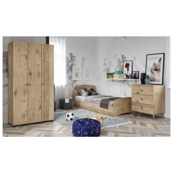 KZNMOB HOME Soft Çocuk Odası Takımı Meşe - Karyola, 3 Kapaklı Gardırop, 3 Çekmeceli Şifonyer Tamamı Mdf - Görsel 2