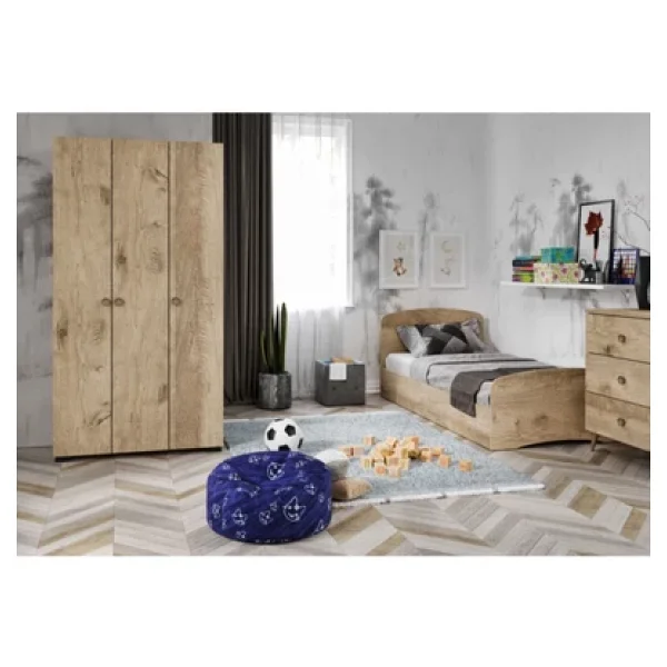 KZNMOB HOME Soft Çocuk Odası Takımı Meşe - Karyola, 3 Kapaklı Gardırop, 3 Çekmeceli Şifonyer Tamamı Mdf - Görsel 3
