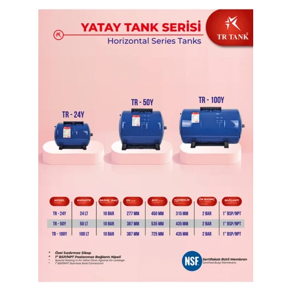 Trtank Profesyonel 100 Litre Yatay Ayaklı Nsf Membranlı Hidrofor Genleşme Tankı - Görsel 6