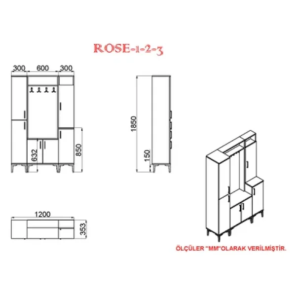 Kalender Dekor Rose-1-2-3 Portmanto Vestiyer Ayakkabılık - Görsel 5