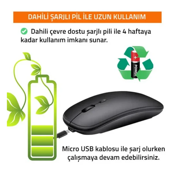 UpWay Kablosuz 100mah Şarjlı Pilli 2.4 Ghz Sessiz Bluetooth Mouse - Görsel 4