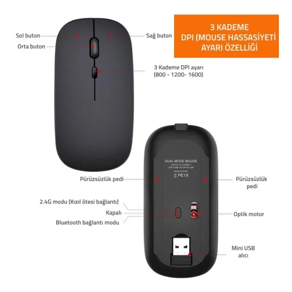 UpWay Kablosuz 100mah Şarjlı Pilli 2.4 Ghz Sessiz Bluetooth Mouse - Görsel 6