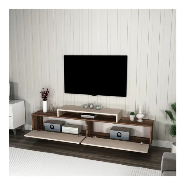 Arnetti Grasyas Modern Tasarım Tv Sehpası - Ceviz Bej, 2 Kapaklı, 180 Cm Geniş Dekoratif Ünite - Görsel 3