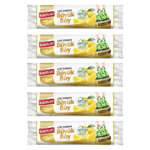Koroplast Ekstra Güçlü Limon Kokulu Büzgülü Büyük Boy Çöp Poşeti 10'lu 5 Adet - Görsel 4