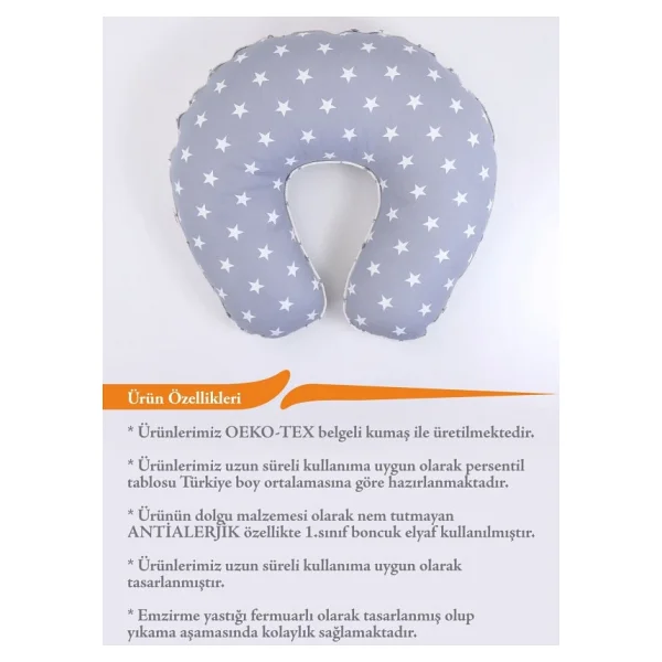 Umaybebek Emzirme Yastığı, Emzirme Önlüğü Set - Pamuklu Kumaş - Açık Gri Yıldız - Görsel 3