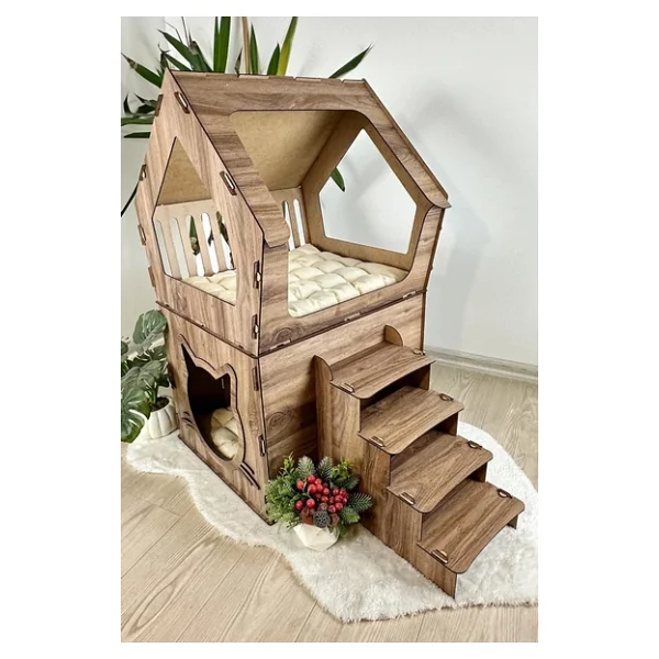 Mavitrend Ahşap Büyük Kedi Evi Xxl Açık Teraslı Model 5 kg Üstü Kediler Için Kahverengi Renk - Görsel 4