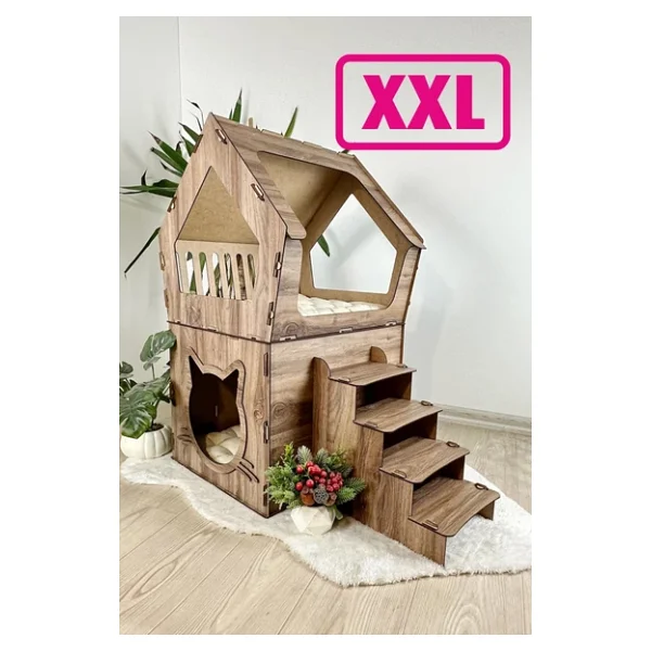 Mavitrend Ahşap Büyük Kedi Evi Xxl Açık Teraslı Model 5 kg Üstü Kediler Için Kahverengi Renk - Görsel 2