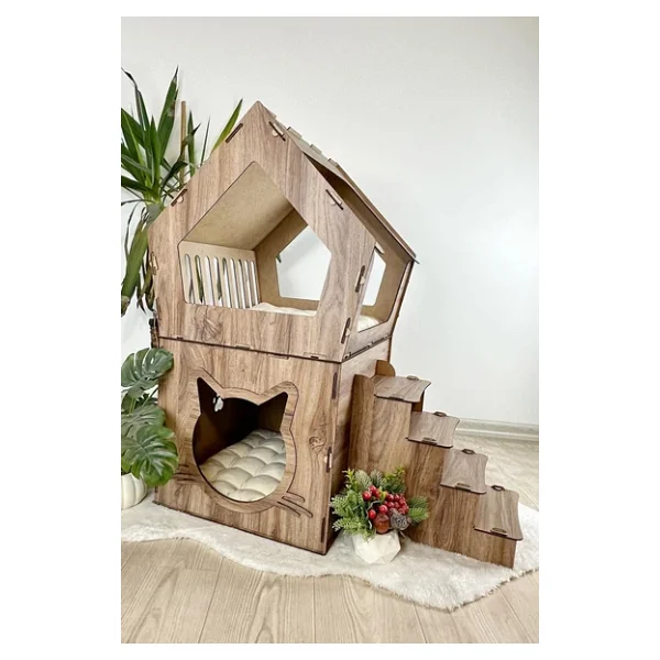 Mavitrend Ahşap Büyük Kedi Evi Xxl Açık Teraslı Model 5 kg Üstü Kediler Için Kahverengi Renk - Görsel 3