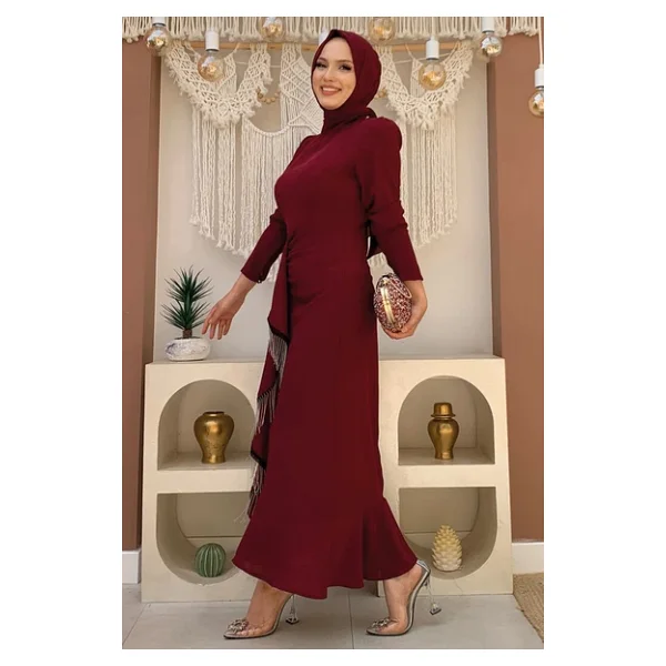 Ön Zincir Püskül Detay Balık Model Abiye Elbise 3810 Bordo - Görsel 6