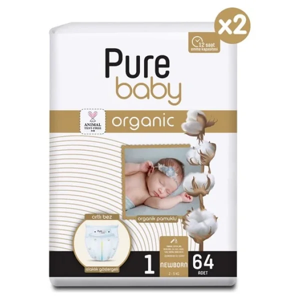 Pure Baby Organik Pamuklu 1 Numara Yenidoğan 64'lü 2 Adet Bebek Bezi - Görsel 3