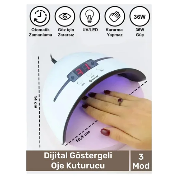 Premium 36W 12 Adet Uv Led Işıklı Profesyonel Dijital Göstergeli 3 Modlu Oje Tırnak Kurutucu - Görsel 2