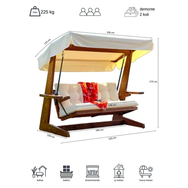 Aida Swings Viva 2200 3 Kişilik Ahşap Bahçe Salıncağı, Balkon Ve Teras Salıncağı, Kanepe Özellikli/Krem - Görsel 6